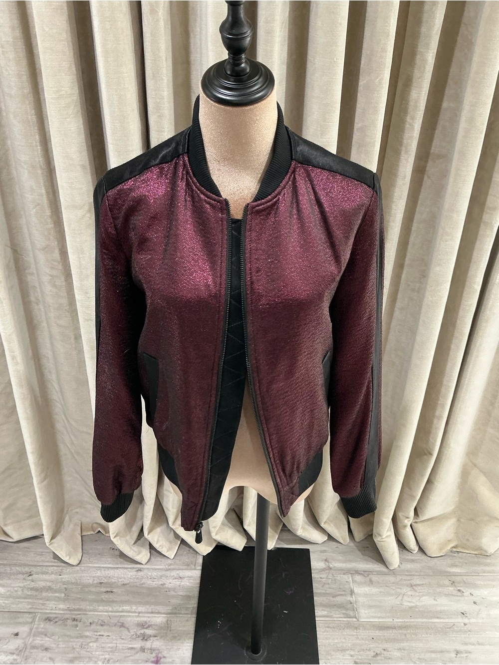 cinq a sept Metallic Burgundy Bomber Jacket with Black Trim